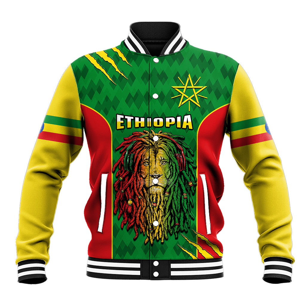 Men's green baseball jacket with striped sleeves, lion face and "ETHIOPIA" graphic