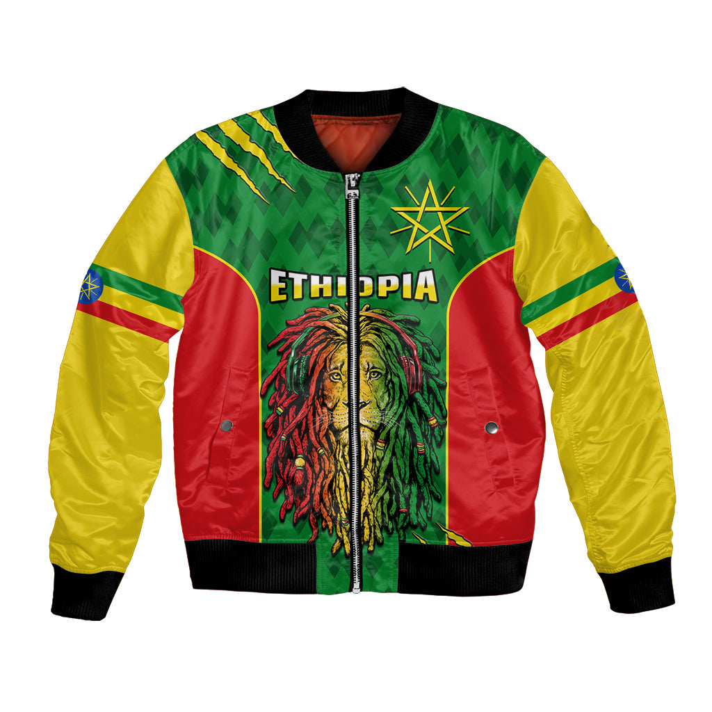 Green bomber jacket with red and yellow panels, full-zip, lion graphic and star emblem