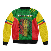 Green bomber jacket with red and yellow panels, lion portrait, ribbed hem and cuffs