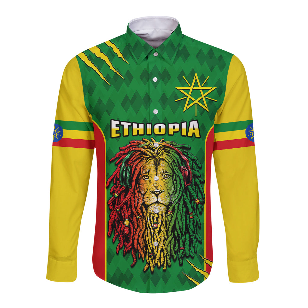 Green long sleeve button shirt, front lion graphic with ETHIOPIA text