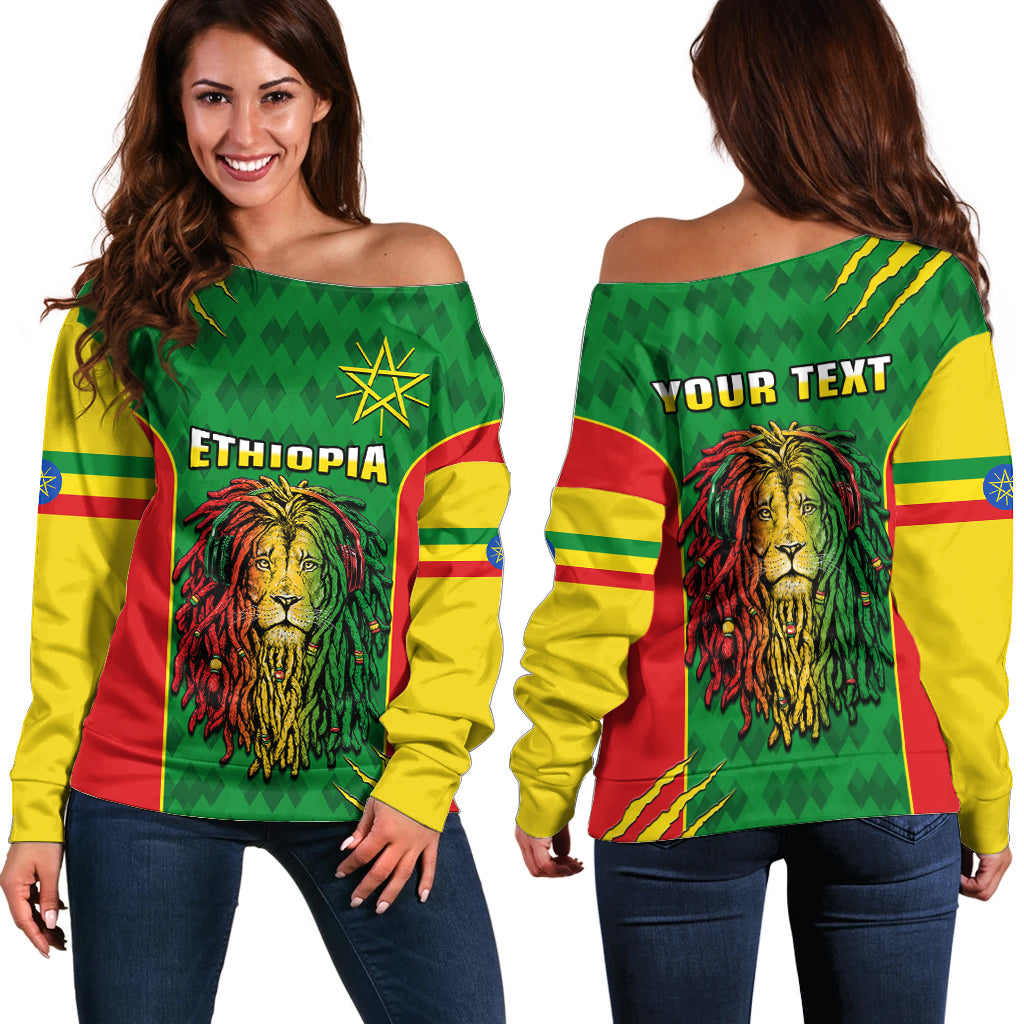 Personalised Ethiopia Off Shoulder Sweater Men's Dreadlock Rasta Lion Headphones - Wonder Print Shop