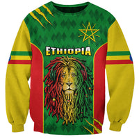 Green crewneck sweatshirt with lion head graphic, ETHIOPIA text, striped sleeves