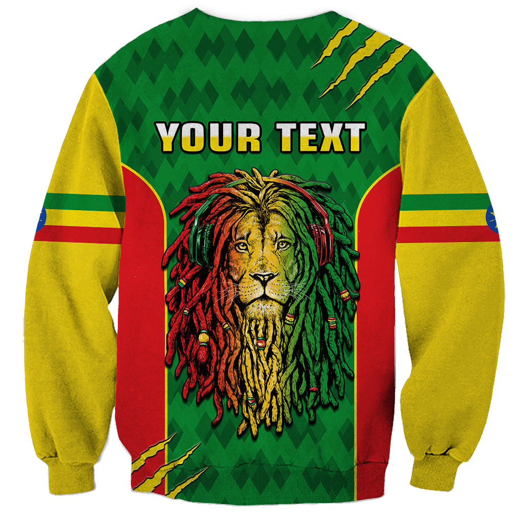 Green crewneck sweatshirt back with lion head graphic, YOUR TEXT label, striped sleeves