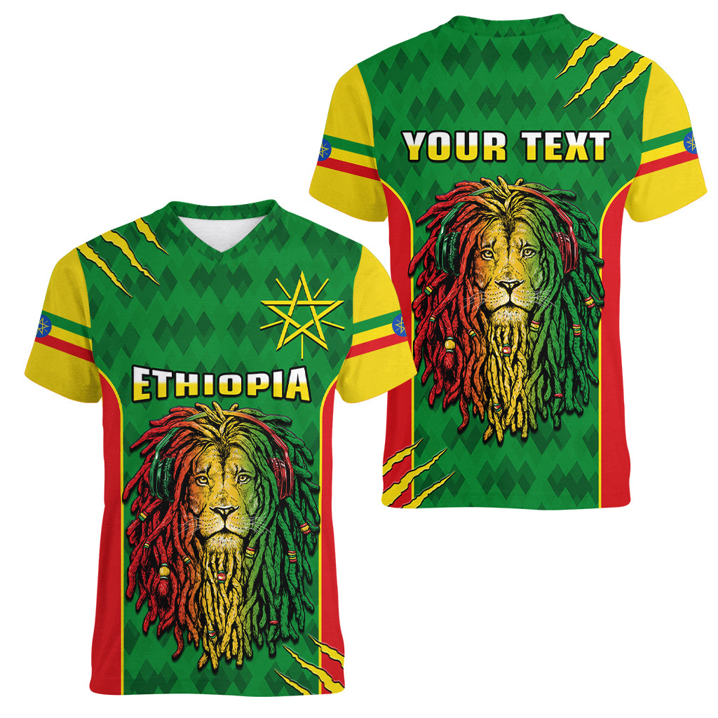 personalised-ethiopia-women-v-neck-t-shirt-mens-dreadlock-rasta-lion-headphones