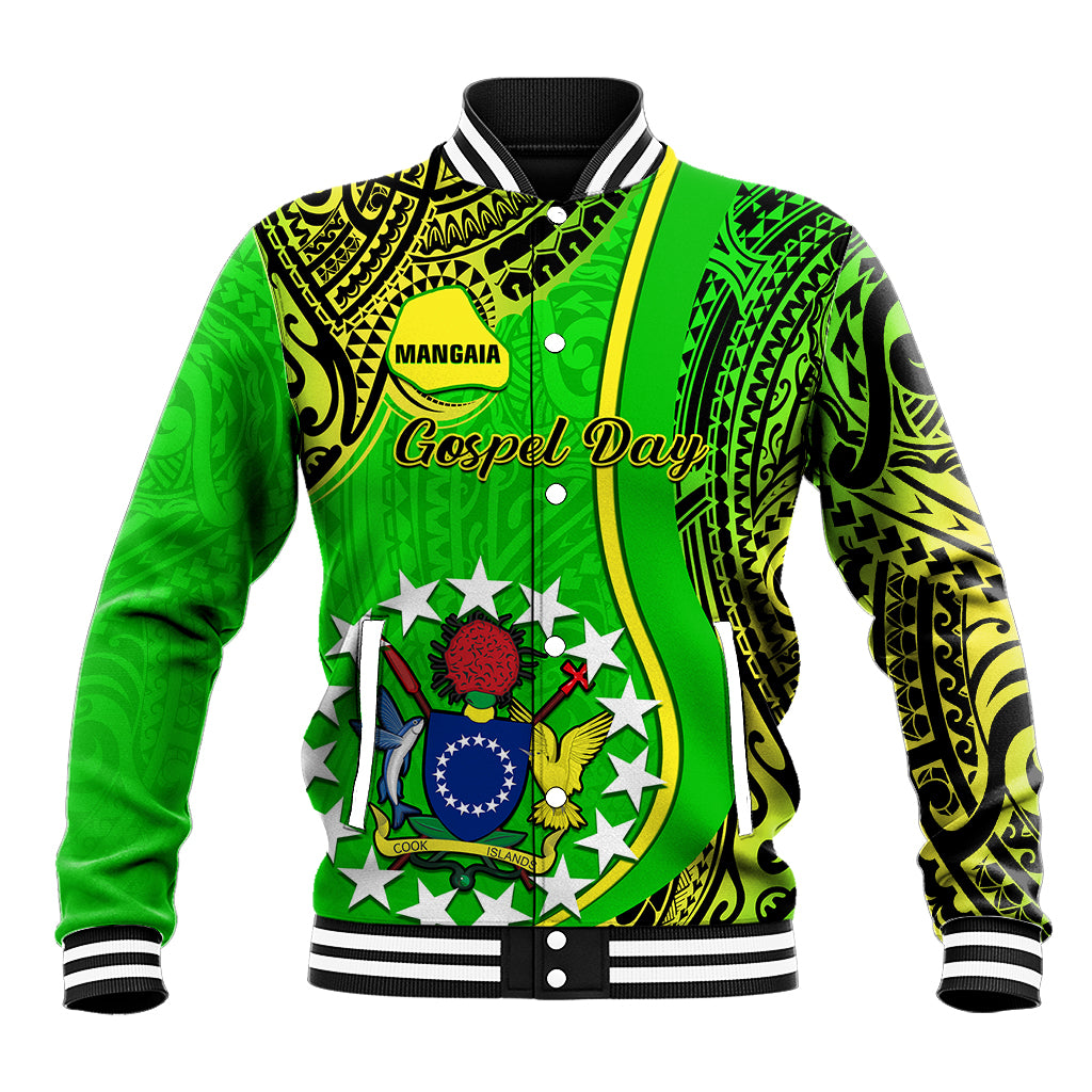 Green baseball jacket with black stand collar, yellow-green trim, and bold front graphic.