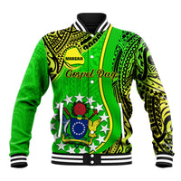Green baseball jacket with black stand collar, yellow-green trim, and bold front graphic.