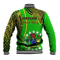 Back of green baseball jacket with black-and-yellow tribal-style print and ribbed hem cuffs.