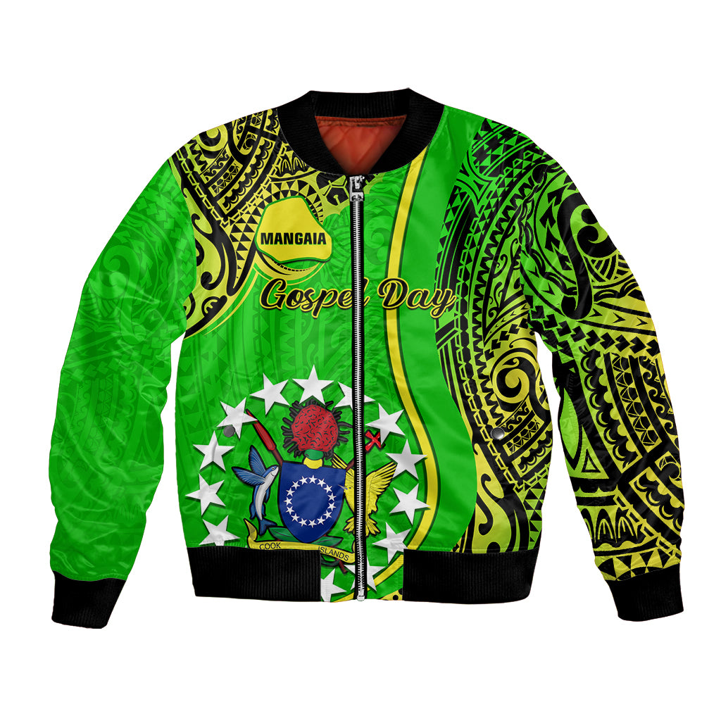 Green bomber jacket with black ribbed collar, full zipper, and Polynesian graphic front