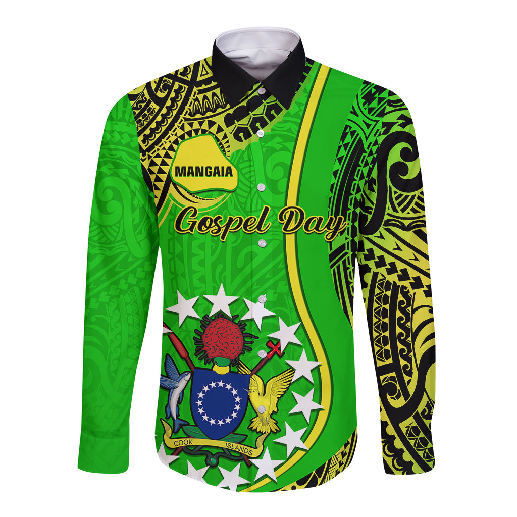 Green long-sleeve button shirt, black collar, front Polynesian graphic