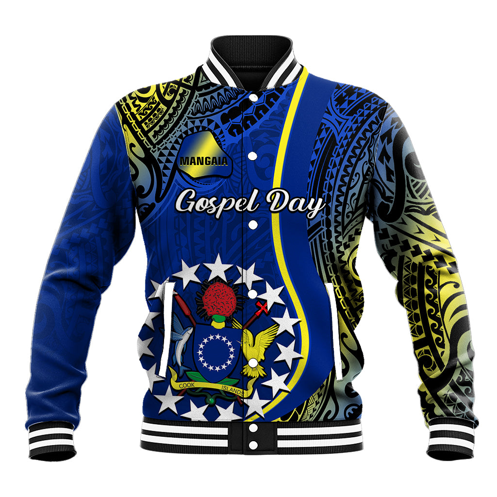 Blue baseball jacket with graphic front, striped ribbed collar and cuffs, patterned sleeves