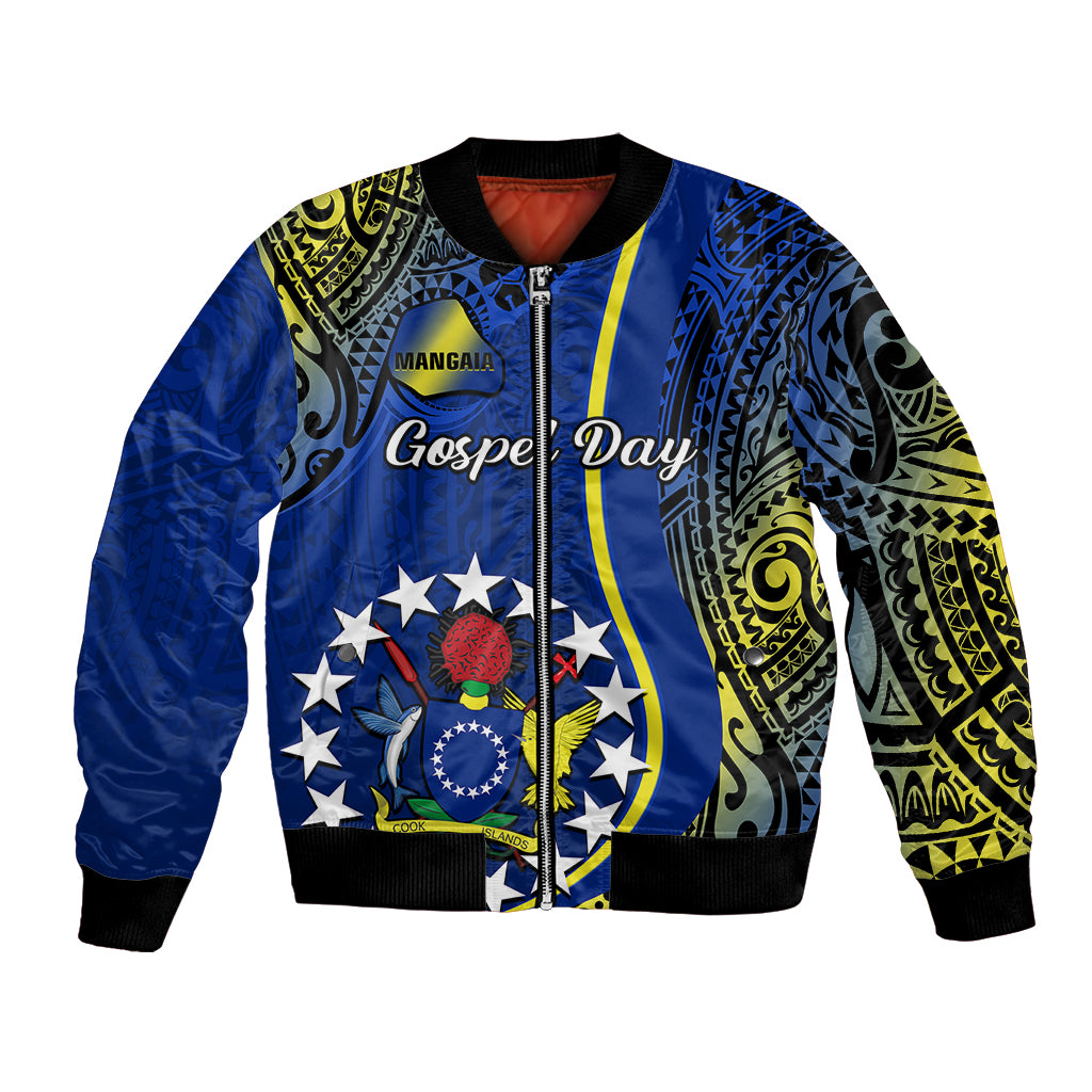 Blue unisex bomber jacket with full-zip and Polynesian Gospel Day graphic front