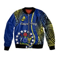 Blue unisex bomber jacket with full-zip and Polynesian Gospel Day graphic front
