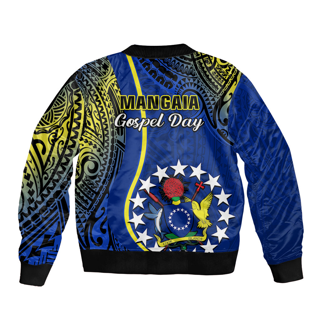 Blue unisex bomber jacket with ribbed hem and large Gospel Day emblem on chest