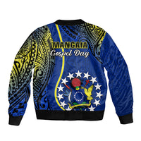 Blue unisex bomber jacket with ribbed hem and large Gospel Day emblem on chest