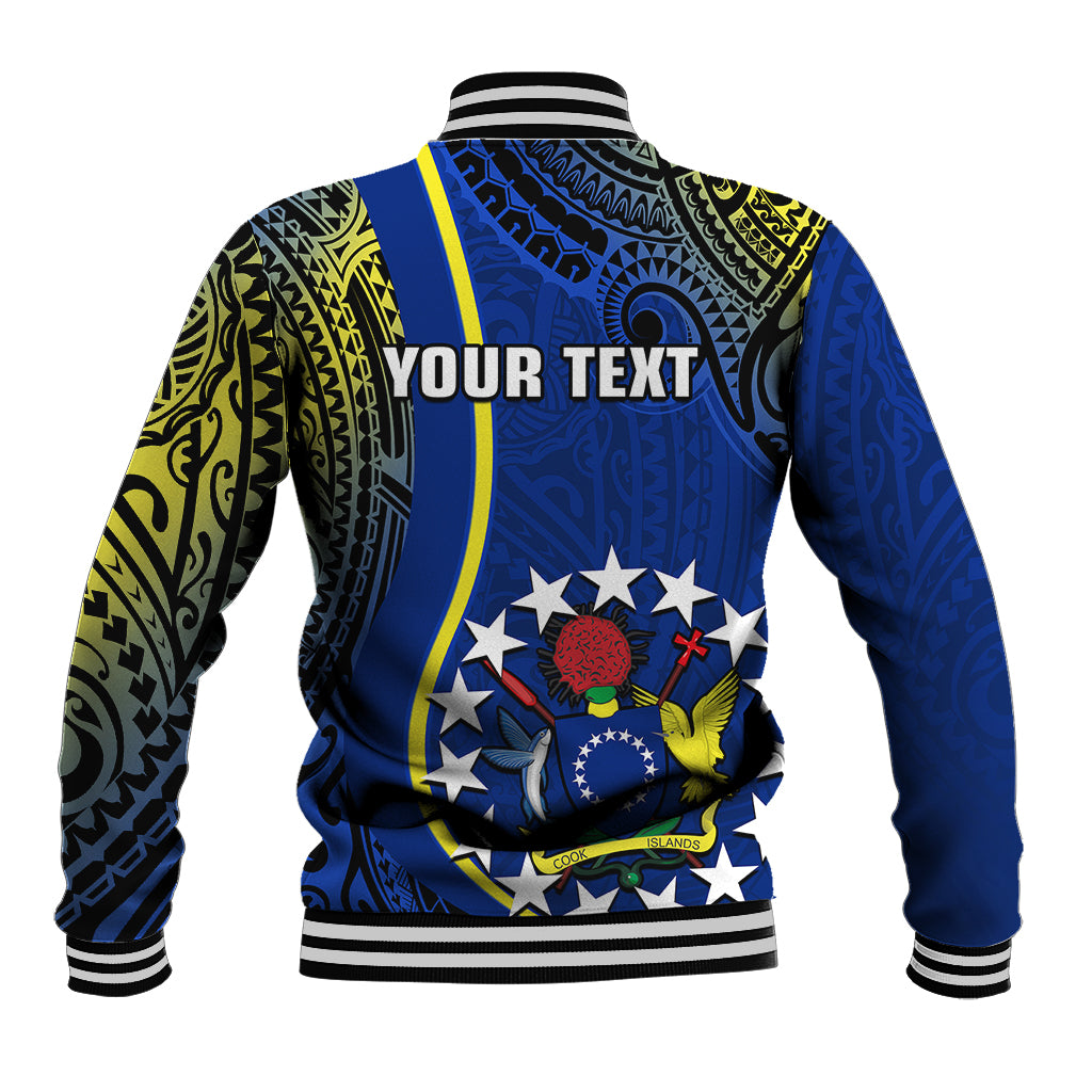 Blue baseball jacket back with black collar, striped ribbing, large colorful star graphic