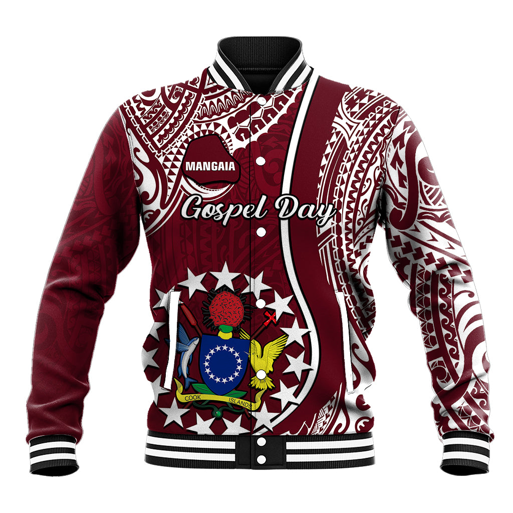 Maroon baseball jacket with white patterned yoke and Gospel Day graphic, ribbed collar
