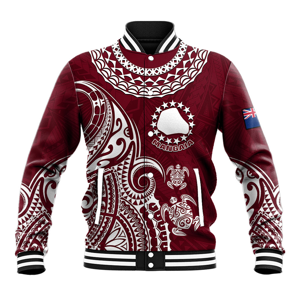 Maroon baseball jacket with white Polynesian-style print, striped collar and ribbed cuffs