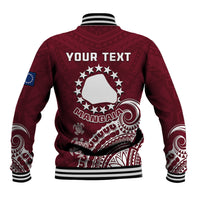 Maroon back baseball jacket with white circular graphic and 'YOUR TEXT', striped hem