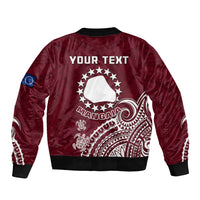 Maroon bomber jacket back with 'YOUR TEXT' and white crest, black rib cuffs