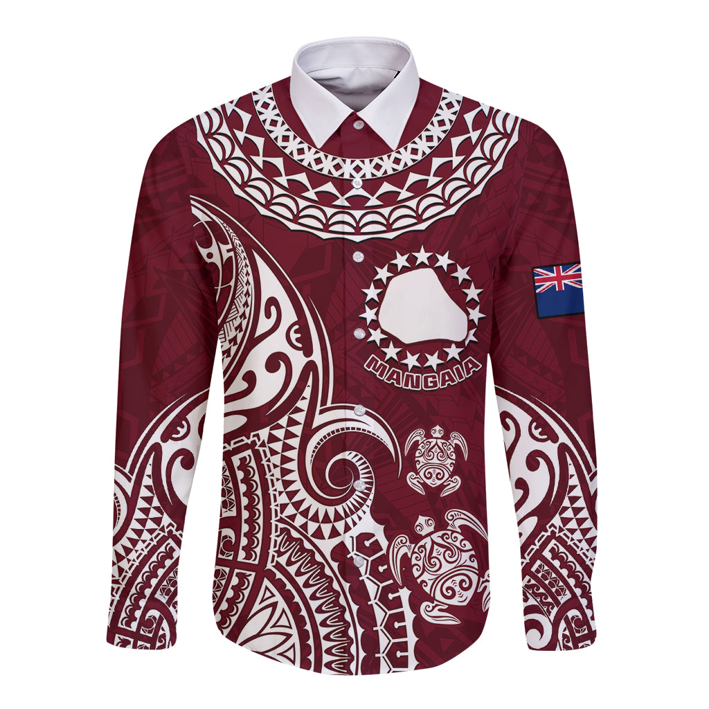 Maroon long-sleeve button shirt with white Polynesian-style front graphic and collar