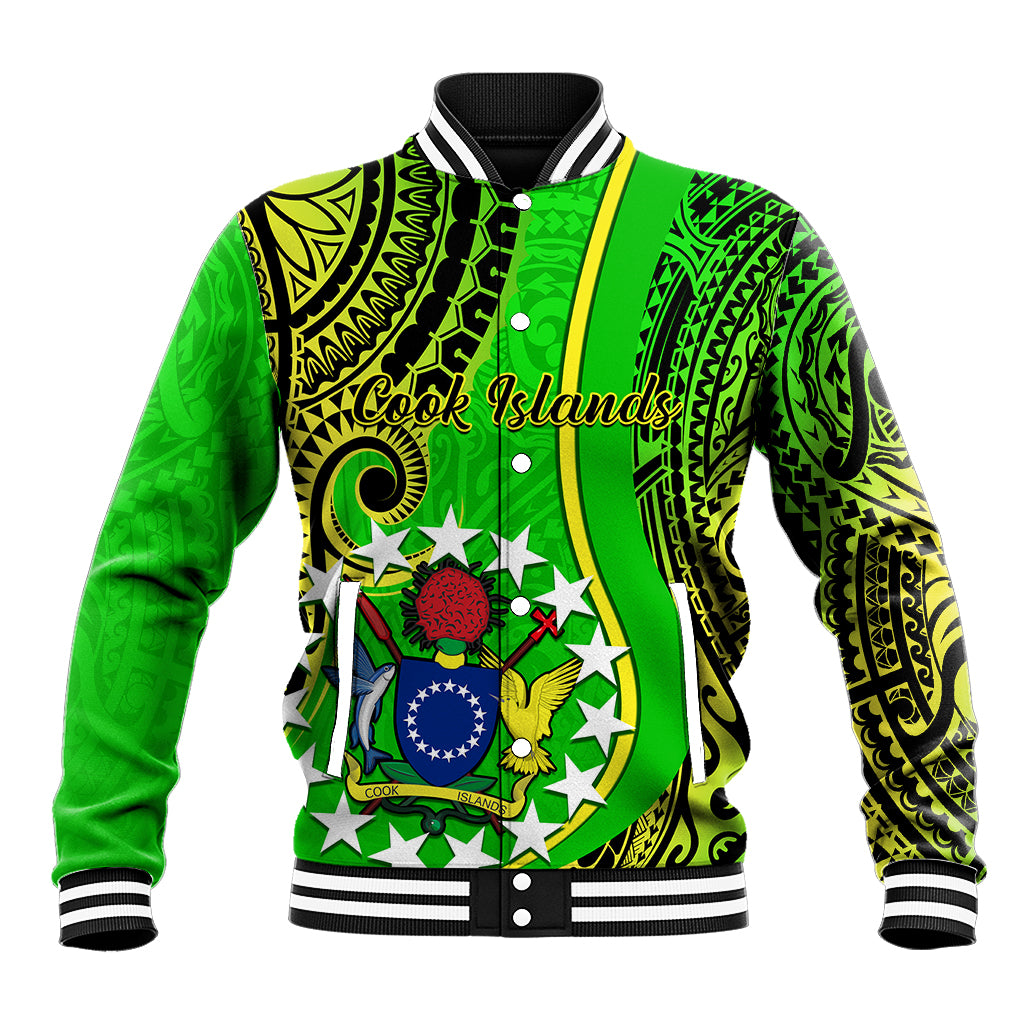 Green baseball jacket with black-and-white striped collar and large Cook Islands crest graphic