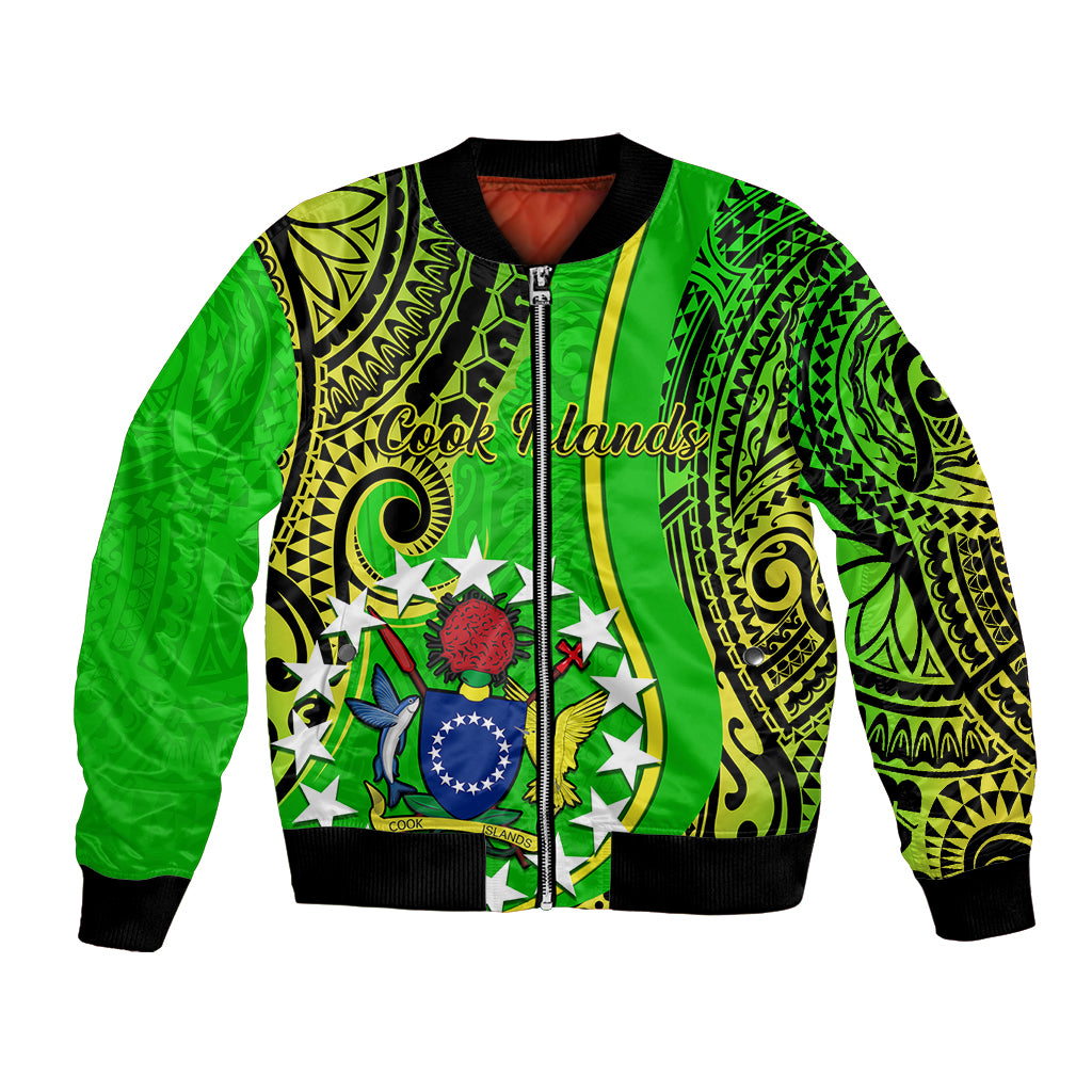 Green bomber jacket with black ribbed collar, zip front, Cook Islands crest graphic