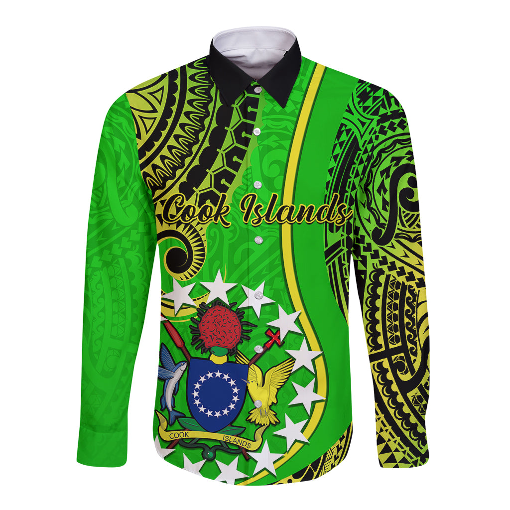 Green long-sleeve button shirt with black collar and Cook Islands crest front