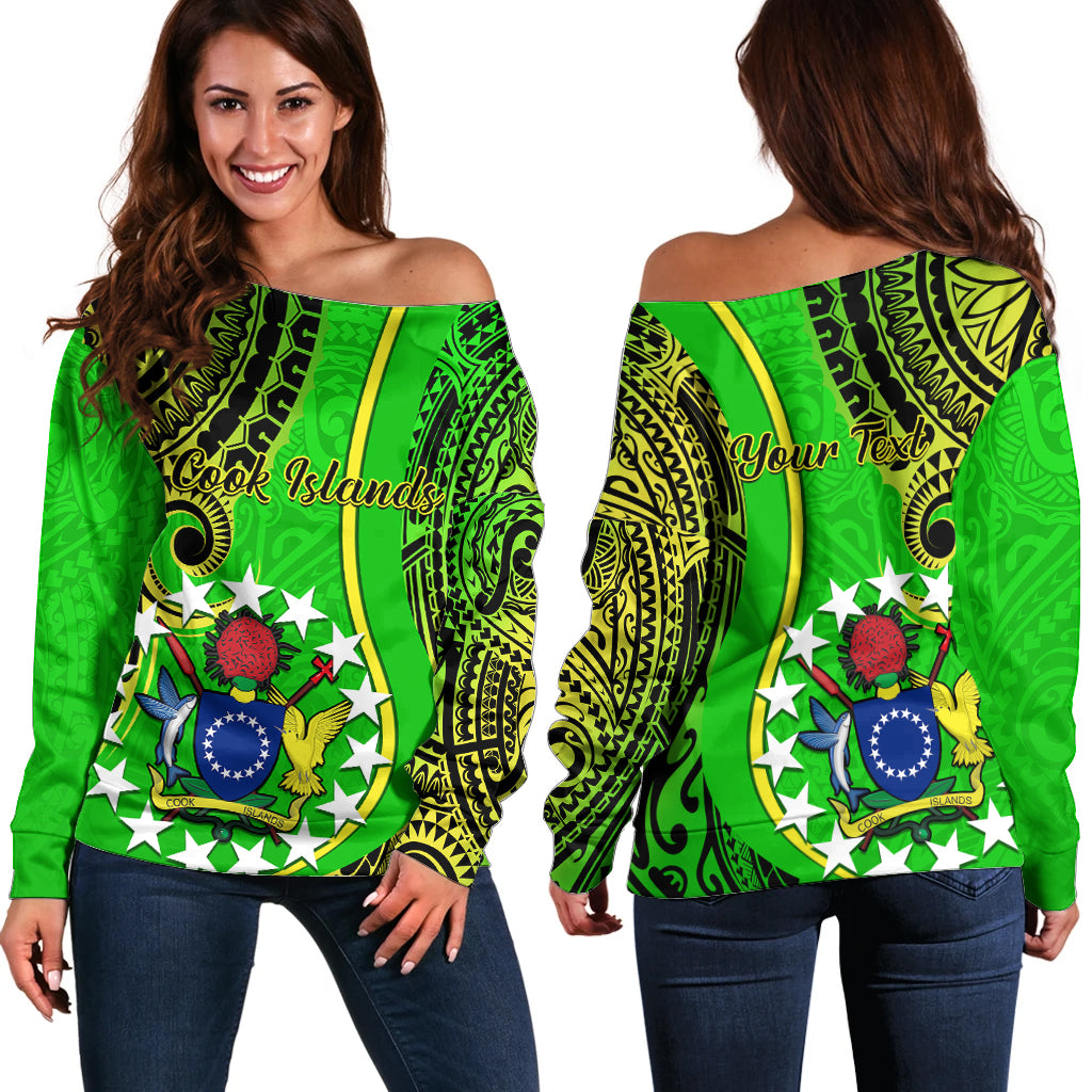 Personalised Cook Islands Off Shoulder Sweater Kuki Airani Coat Of Arms - Wonder Print Shop