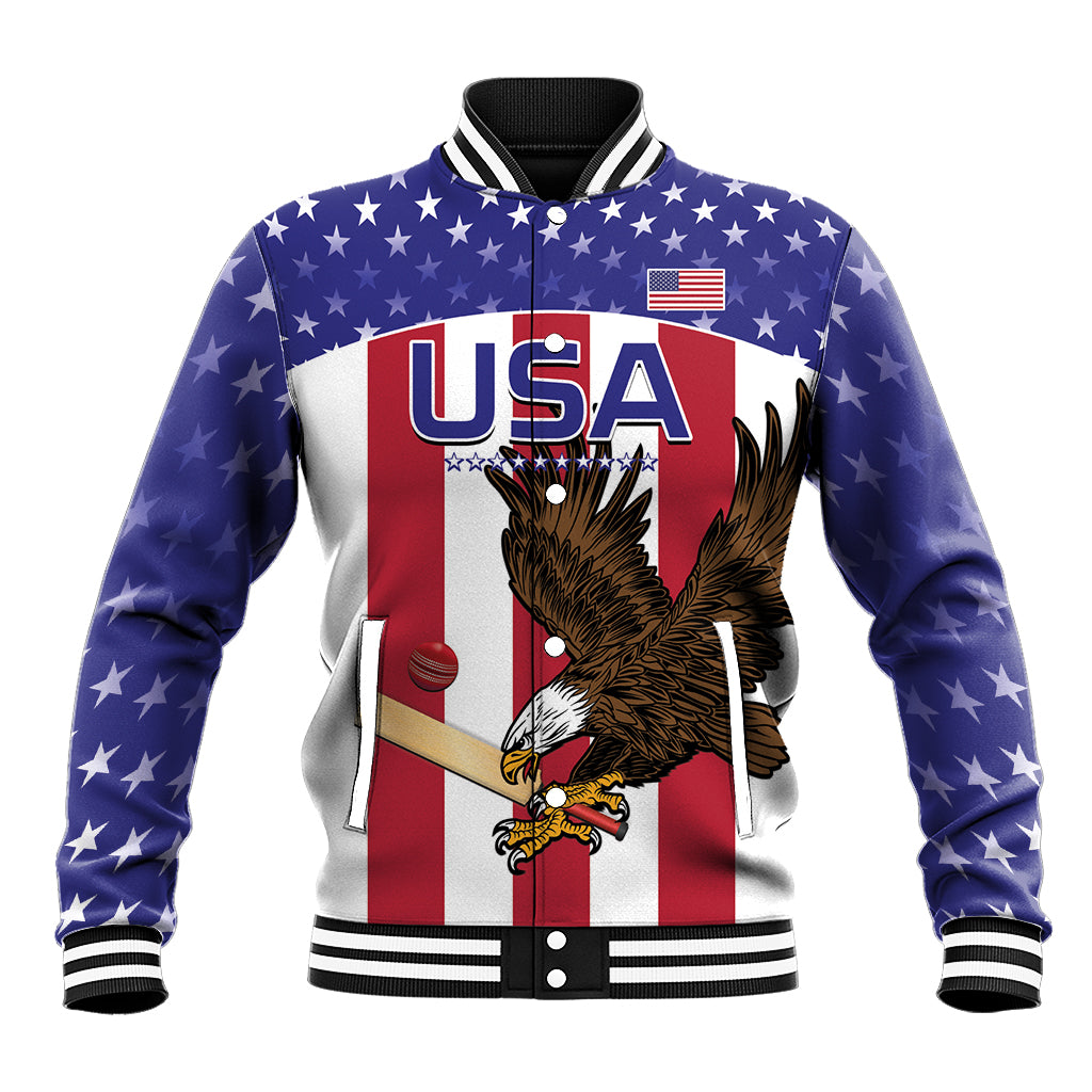 Unisex USA cricket baseball jacket front with eagle, stars, red-white stripes