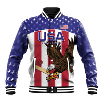 Unisex USA cricket baseball jacket front with eagle, stars, red-white stripes