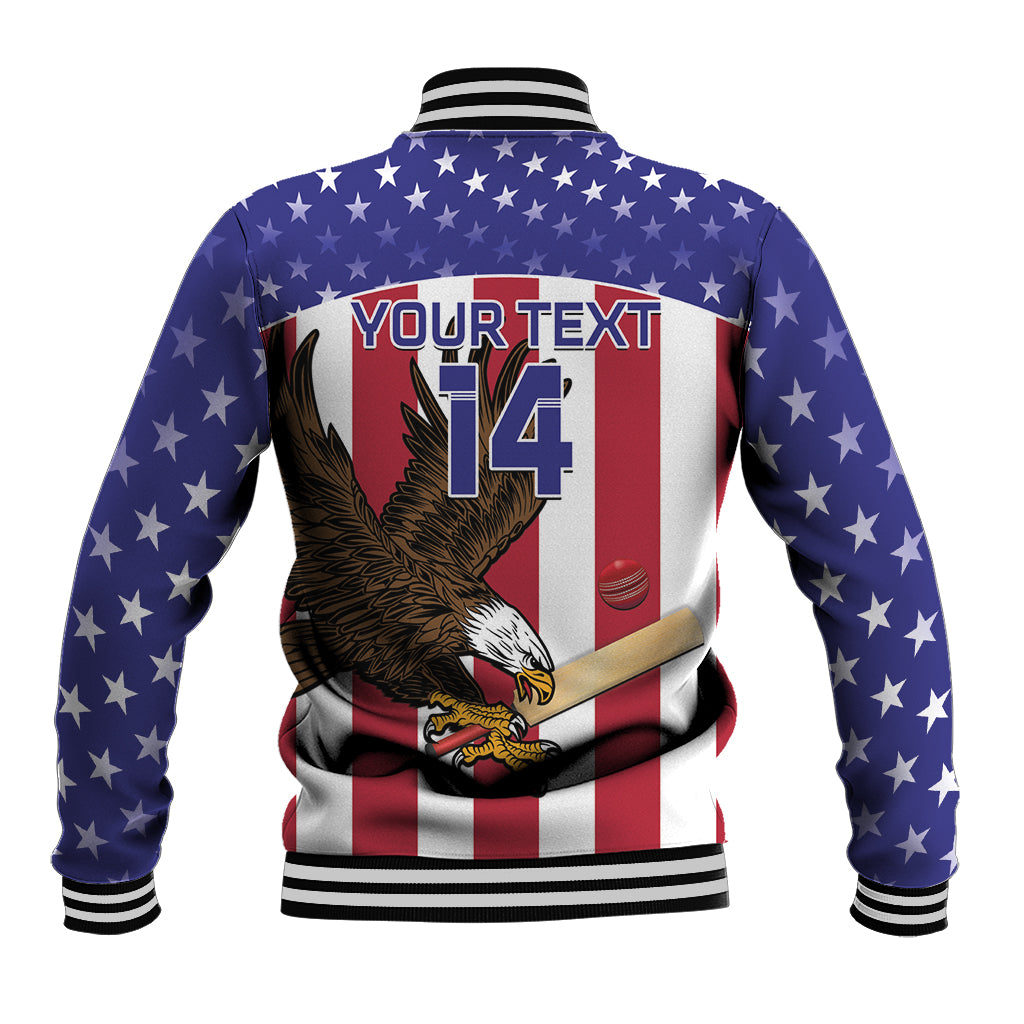 Unisex USA cricket baseball jacket back with eagle, stars, red-white stripes, text 14