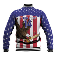 Unisex USA cricket baseball jacket back with eagle, stars, red-white stripes, text 14