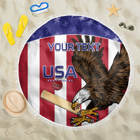 Round beach blanket with fringe, USA eagle graphic and customizable “YOUR TEXT” panel