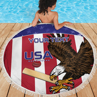 Round beach blanket with fringe, USA eagle artwork with “YOUR TEXT” across the center