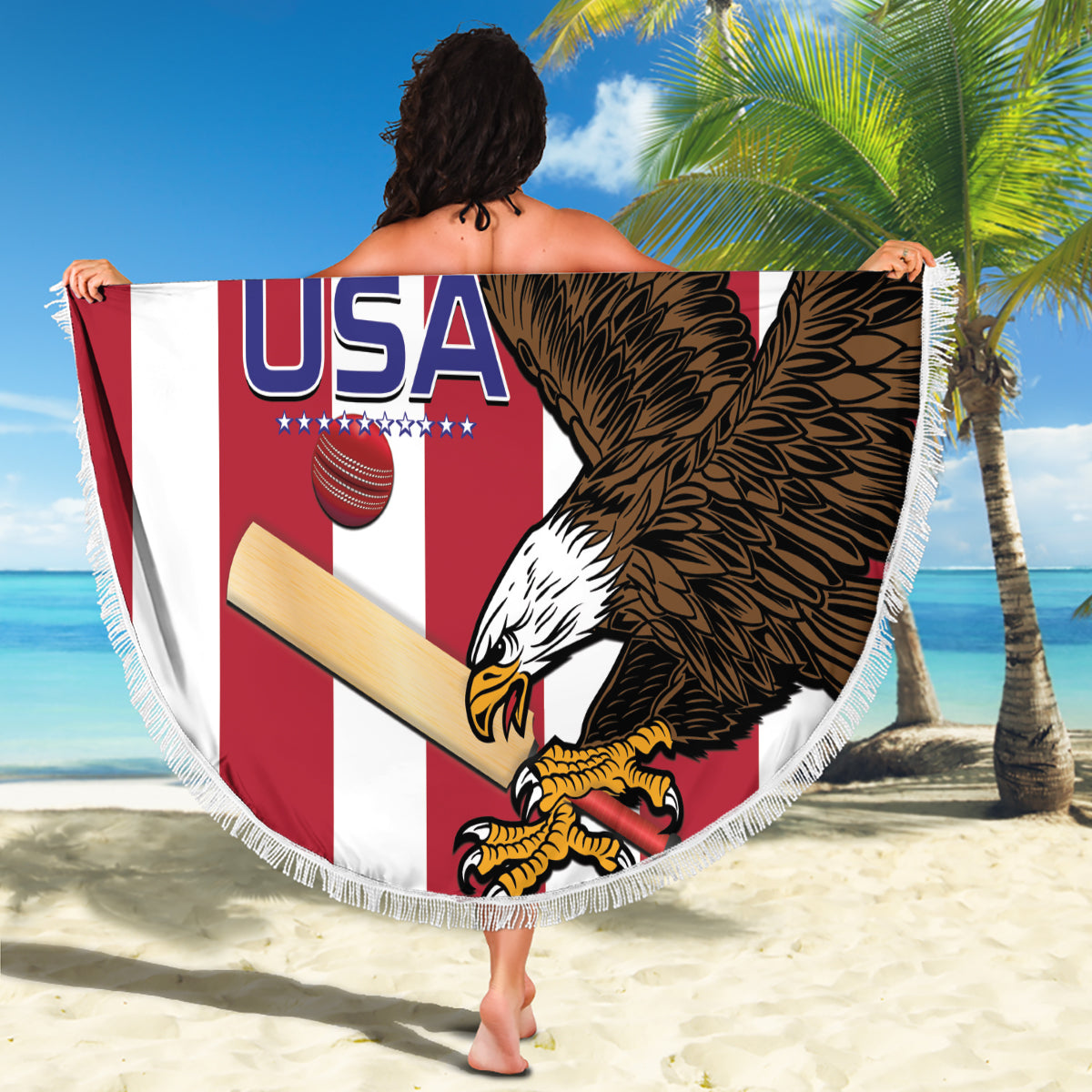 Round beach blanket with fringe, USA eagle design with “YOUR TEXT” custom text