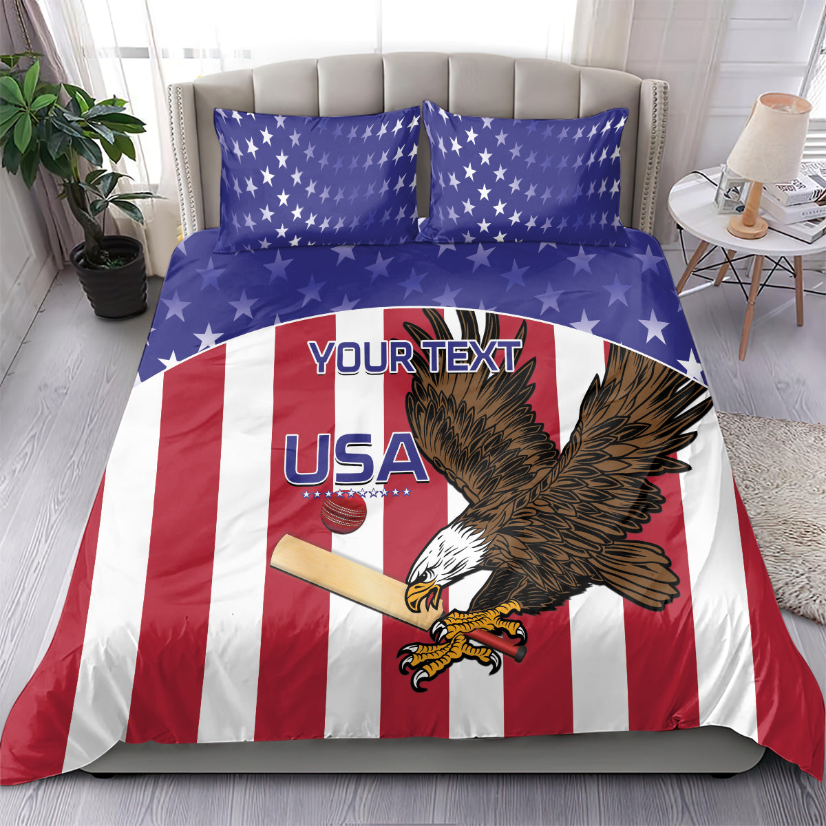USA bedding set with eagle artwork, red white blue stripes, and star patterned pillowcases