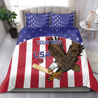 USA bedding set with eagle artwork, red white blue stripes, and star patterned pillowcases