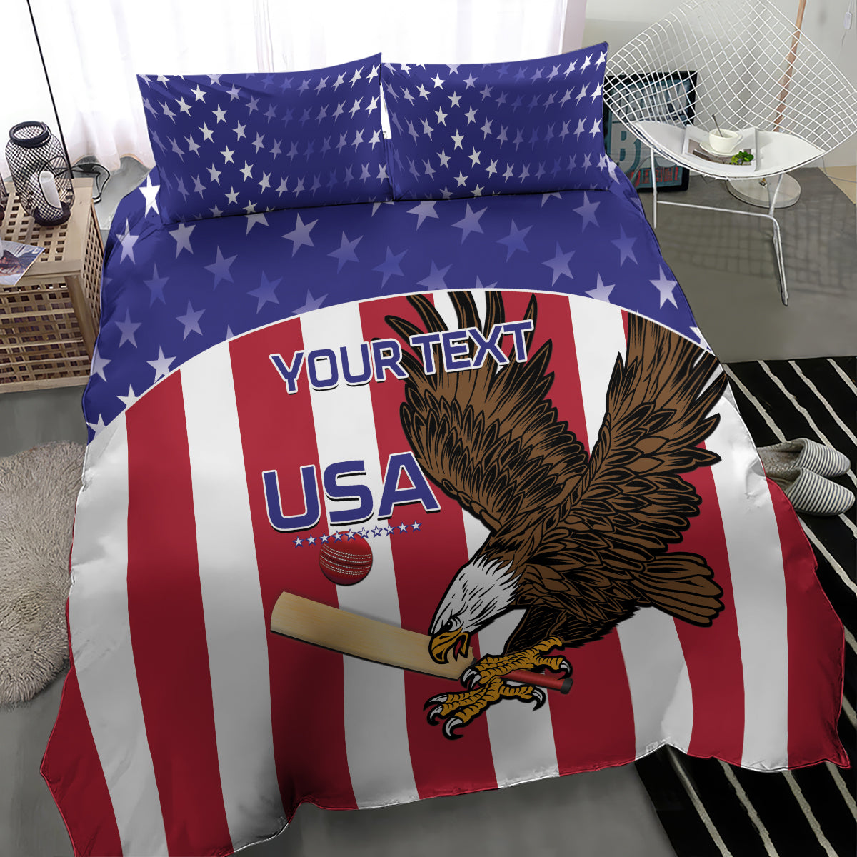 USA bedding set close-up with eagle graphic, red white blue stripes, and star pillowcases