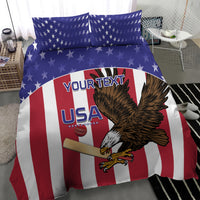 USA bedding set close-up with eagle graphic, red white blue stripes, and star pillowcases