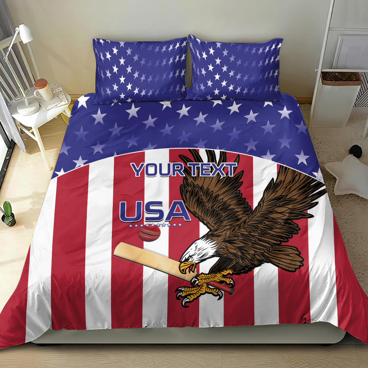 USA bedding set with eagle, red white blue stripes, star pattern pillowcases, custom text