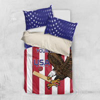 USA bedding set with eagle design, red white stripes, blue star pillowcases, custom text