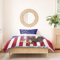 USA bedding set with eagle graphic and custom text, red white blue stripes, star pillowcases