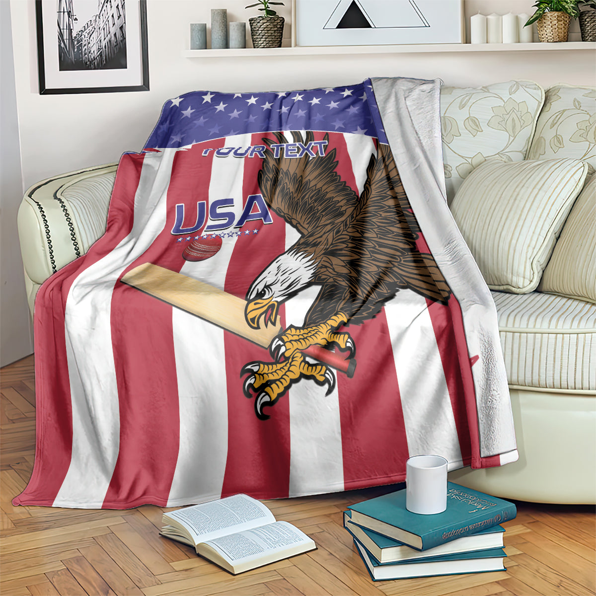 Custom cricket blanket with red, white and blue stripes and eagle graphic