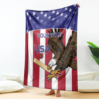 Custom cricket blanket draped upright showing eagle, USA and star border