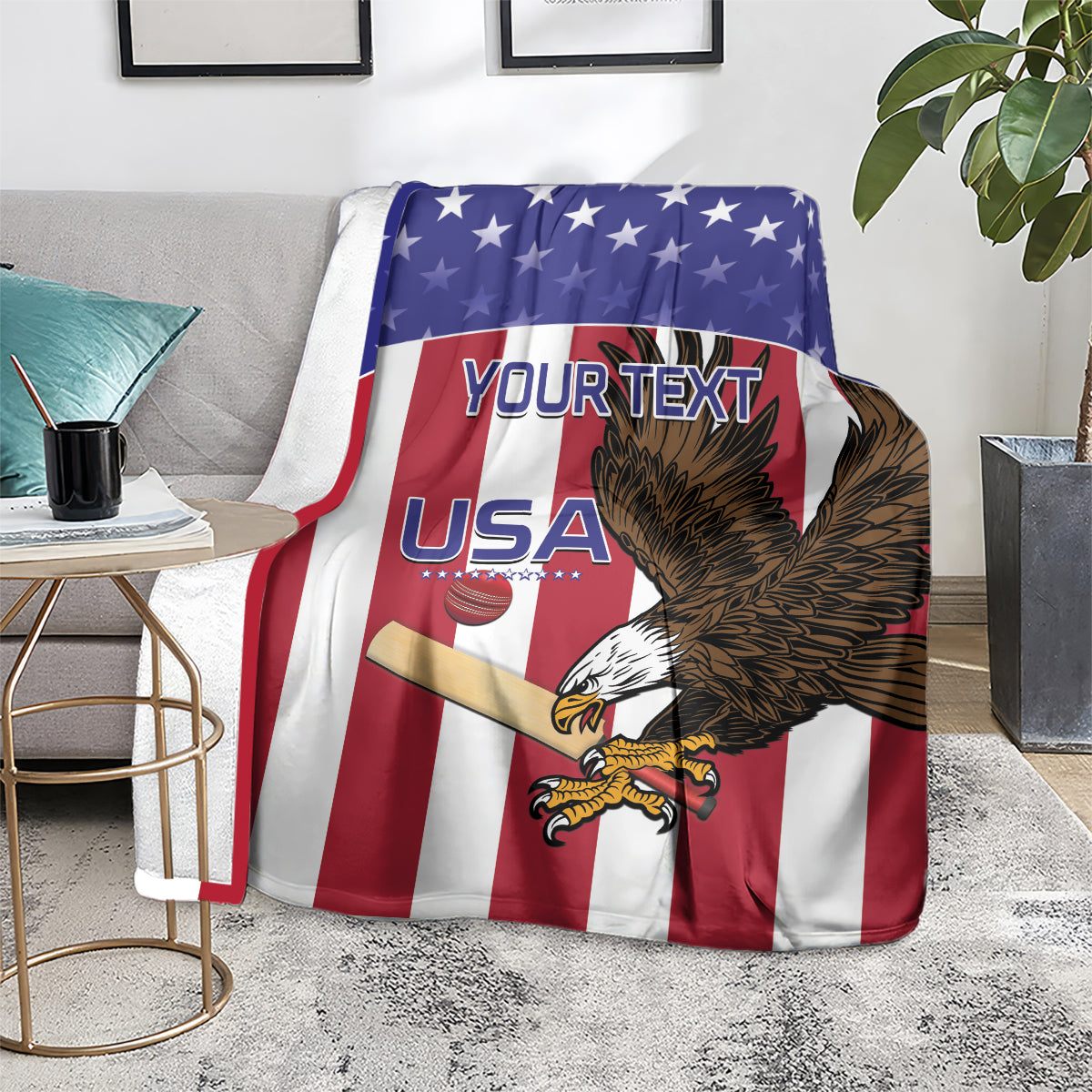Custom cricket blanket on the floor with eagle design in red, white and blue