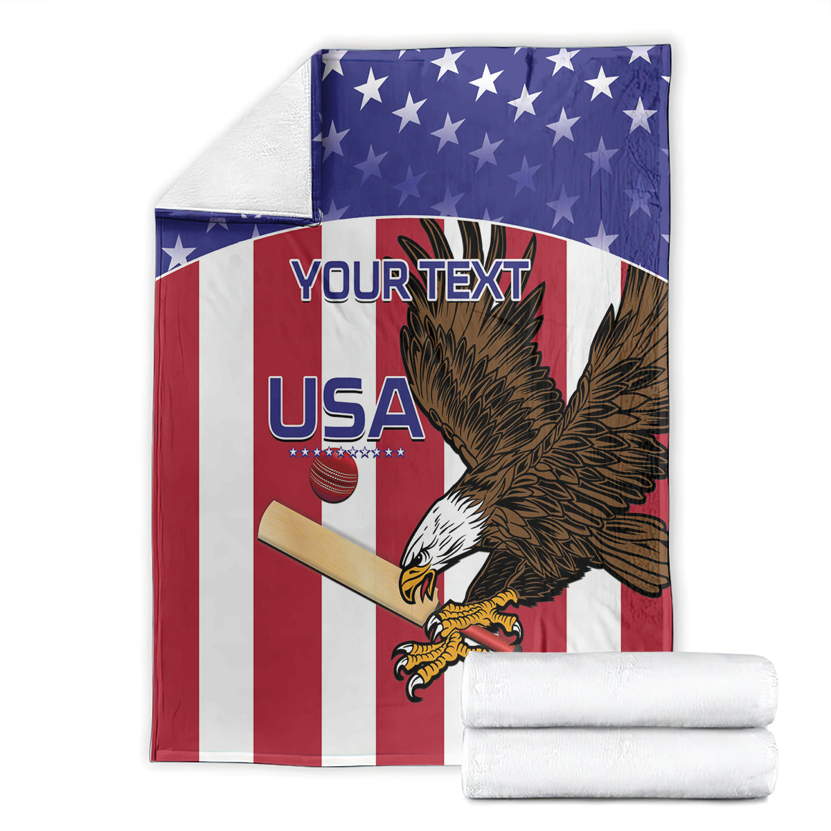 Custom cricket blanket set with folded stack; red, white and blue eagle graphic
