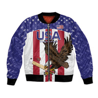Red-and-blue zip-front cricket bomber jacket with USA patch, eagle graphic, ribbed cuffs
