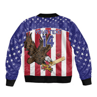 Blue-and-red bomber jacket back with stars, vertical stripe, eagle graphic, YOUR TEXT 14