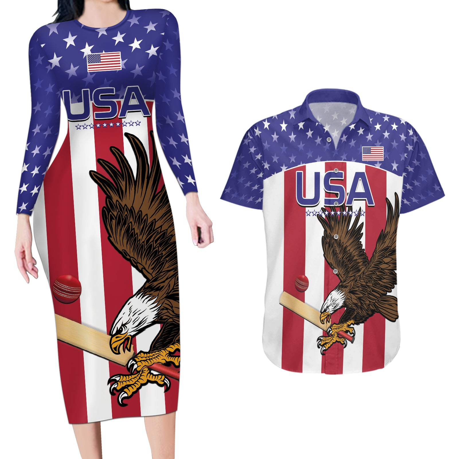 Custom USA 2024 Cricket Couples Matching Long Sleeve Bodycon Dress and Hawaiian Shirt Go Champions Eagles - Wonder Print Shop