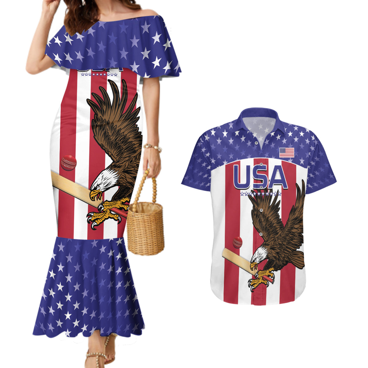 Custom USA 2024 Cricket Couples Matching Mermaid Dress and Hawaiian Shirt Go Champions Eagles - Wonder Print Shop